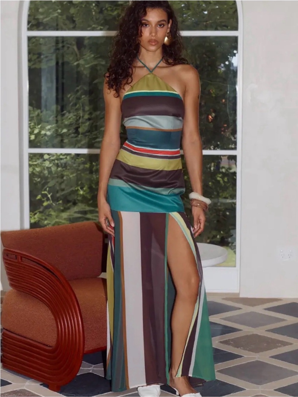 Seven Wonders Estella Backless Halter Maxi Dress in Teal and Olive Stripe